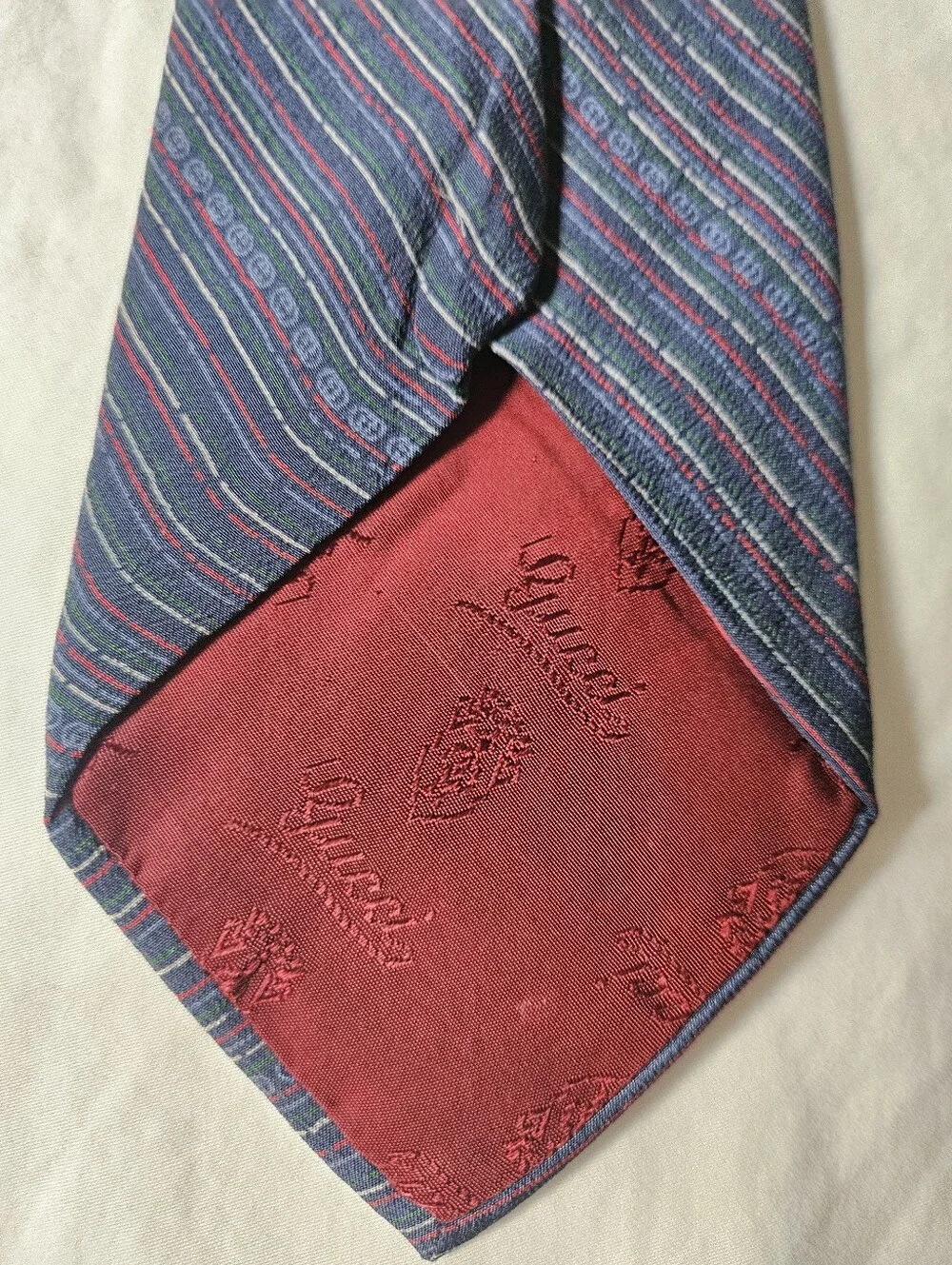 GUCCI 80s Vintage 100% Silk Striped Blue Red Jacquard Crest Logo Tie